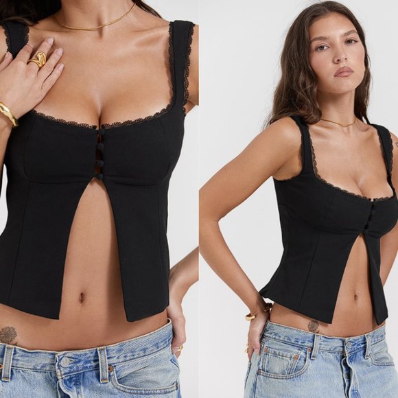 House of CB 'Noura' Black Lace Trim Top NWOT - Picture 5 of 9